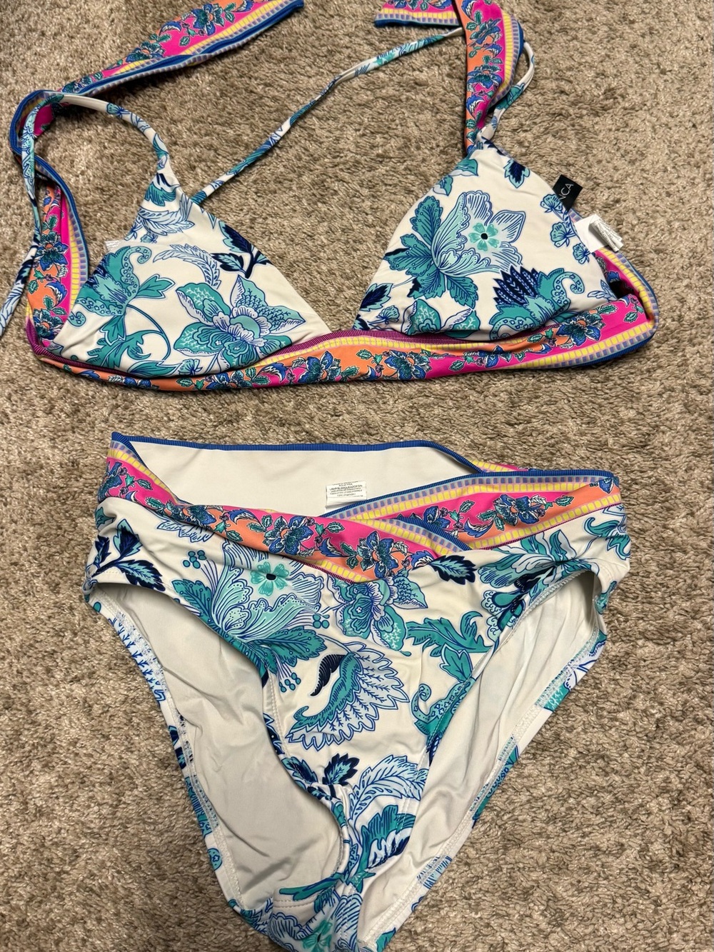 La Blanca White Bikini with Teal Floral Print and Pink Accent